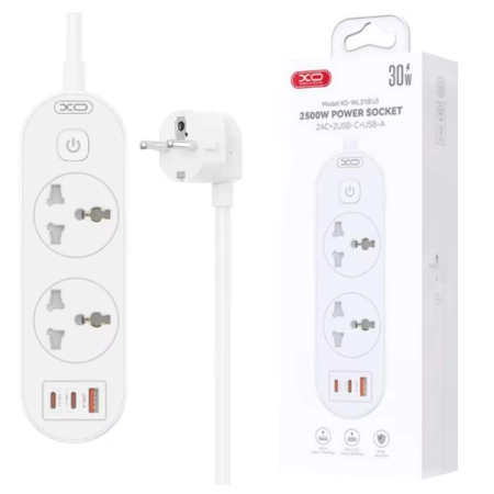 XO WL31 Produžni kabl sa zaštitom 3 utičnica 2xType-C 1xUSB 30W 1,5m